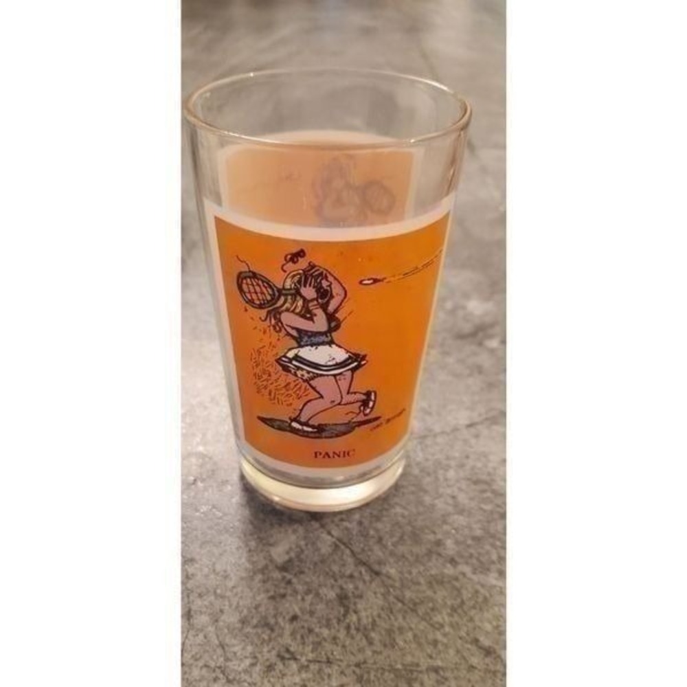 Vintage Gary Patterson Panic Tennis Cartoon Drinking Glass Novelty Tumbler